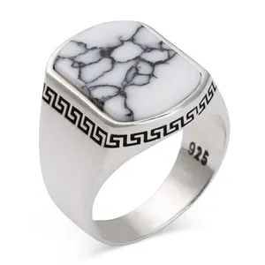 ZYO Personalized White Turquoise Gemstone and Modern Motif 925 Sterling Silver Ring for Men