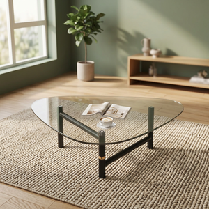 Table basse ovale moderne avec plateau en verre trempé et structure en métal, design minimaliste, meubles de salon, facile à nettoyer - Product Image 2