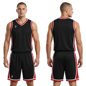 Ensemble d'uniformes de basketball unisexe noir, rouge et blanc, maillot sans manches à col en V, short respirant en polyester, imprimé par transfert thermique, pour adultes - Product Image 1