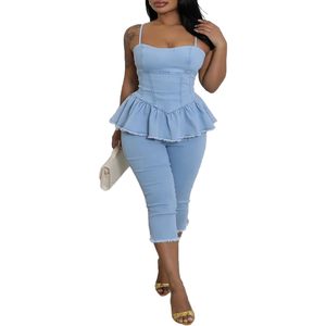 Custom Custom 2026 Denim Breathable Capri Set Women Sleeveless Crop <b>Top</b> and Pants with Ruffles <b>Distressed</b> Streetwear - Product Image 6
