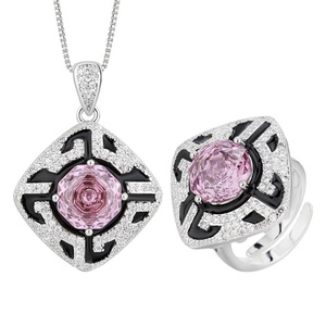 Fashion Eco-friendly Copper Vintage Geometric Pendant Ring Set 10MM Pink Cubic Zirconia Jewelry Set for Feminine Style - Product Image 1