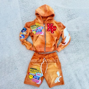 Custom Two Piece Unisex Sweatsuit Track <b>Short</b> Set Summer Applique Embroidery <b>Patch</b> Tracksuit Zip up Hoodie and <b>Shorts</b> Jacket Set - Product Image 2