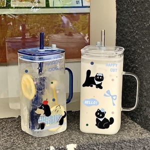 Mới Đến Phim Hoạt Hình Mèo Con Chó Dán 900Ml Vuông Xử Lý Thủy Tinh Cà Phê Cốc Cốc Trà Sữa Nước Trái Cây Cốc Thủy Tinh Với Nắp Và Ống Hút - Product Image 4