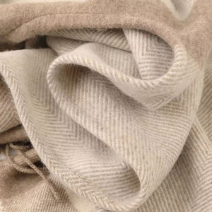 Poncho Largo Personalizado Transpirable con Textura de Espiga, Mezcla de Cachemira a Rayas Beige y Blancas, con Borlas Acabadas a Mano - Product Image 3