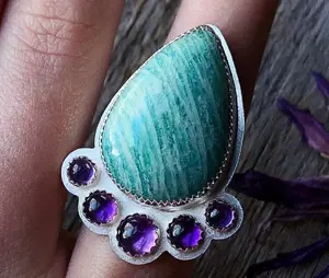 天然亚马逊石和紫水晶美丽的半宝石925固体纯银戒指批发首饰低价工厂印度