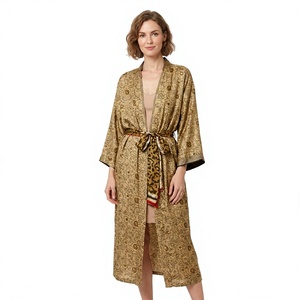 Bata Kimono de Seda con Estampado Floral para Mujer, Cuello en V, Largo Completo, Manga Tres Cuartos, Elegante Ropa de Dormir con Cierre de Cordón, Primavera - Product Image 1
