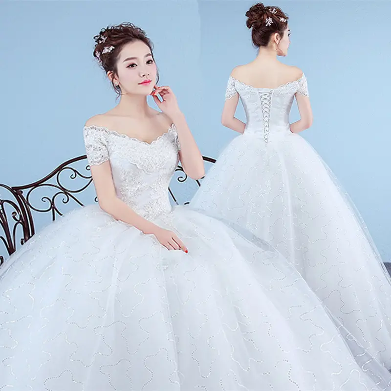 Gaun pengantin wanita, gaun pengantin perempuan putih krem bahu terbuka kualitas tinggi