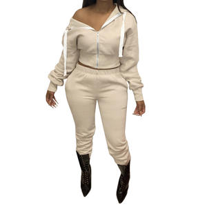 Herfst Winter Hot Sale Dames Effen Kleur Tweedelig Set Hoodie Crop Top Set Club Mode 2-delig Damesset - Product Image 4