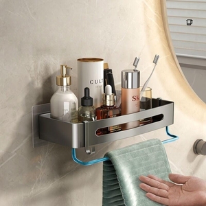 Soporte de almacenamiento para baño sin perforación, diseño triangular de aluminio espacial, estante de pared montado en la pared, estante de esquina de baño doble - Product Image 6