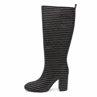Bottes montantes zippées noires et dorées à carreaux pour femme, à talon épais, en cuir véritable, collection automne, avec support pour logo personnalisé