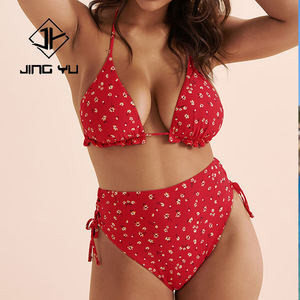 Traje de baño de dos piezas con estampado floral rojo de verano, bikini triangular de nailon cómodo y personalizado - Product Image 2