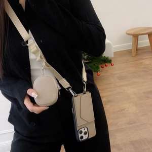 Étui de téléphone <span class=keywords><strong>en</strong></span> cuir de litchi avancé pour Apple 16 Pro Iphone15 <span class=keywords><strong>Samsung</strong></span> S24 Porte-cartes Miroir de maquillage Rangement Porte-monnaie Lanière bandoulière - Product Image 5