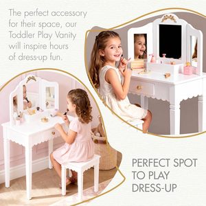 Juego <span class=keywords><strong>de</strong></span> tocador infantil <span class=keywords><strong>de</strong></span> madera blanca con espejo y taburete para dormitorio, tocador <span class=keywords><strong>de</strong></span> maquillaje infantil con diseño festoneado para niñas pequeñas - Product Image 5