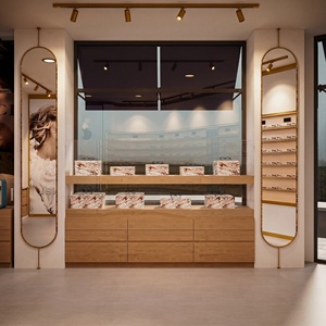 Meubles de magasin d'optique de luxe, étagères d'exposition de lunettes en bois sur mesure avec éclairage LED - Product Image 1