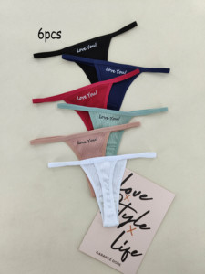 En stock paquet de 6 pièces de strings en coton multicolore mignon lettre imprimer saint valentin français coupe T dos sexy mignon culotte Undie - Product Image 1