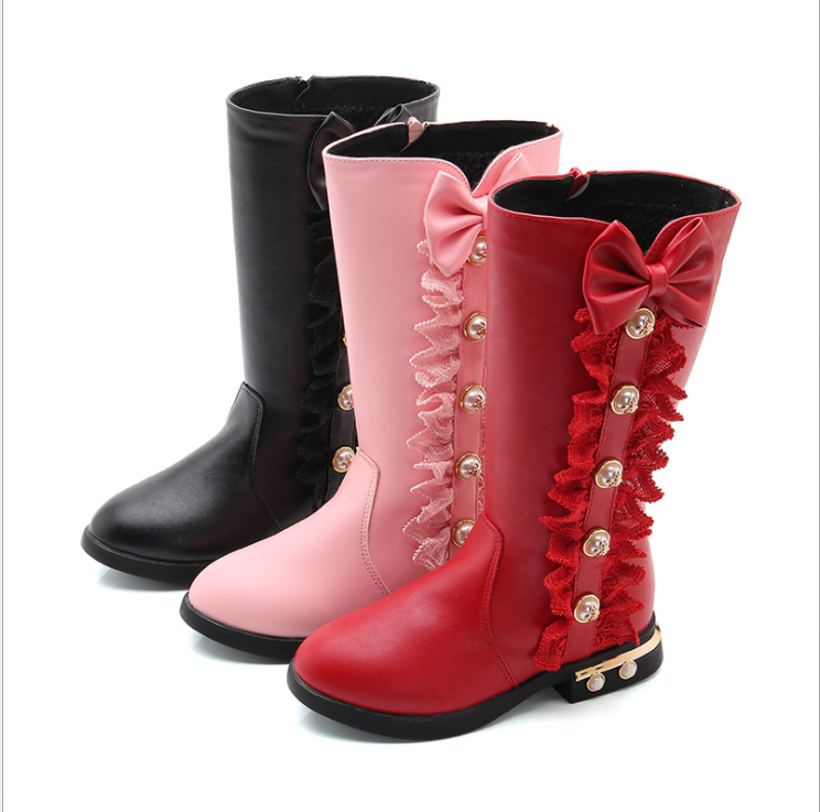 23 Autumn and winter new Korean big kids children's high boots cashmere little girl princess pearl boots