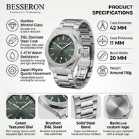 Jam Tangan Pria BESSERON, Mesin Miyota, Tali Karet, Fungsi Kalender, Kasual Bisnis, Tahan Air 30M