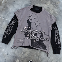 T-shirt à manches longues en coton, style designer, effet deux pièces, déchiré, vintage, délavé aux pigments, imprimé DTG, avec strass et déchirures, personnalisé