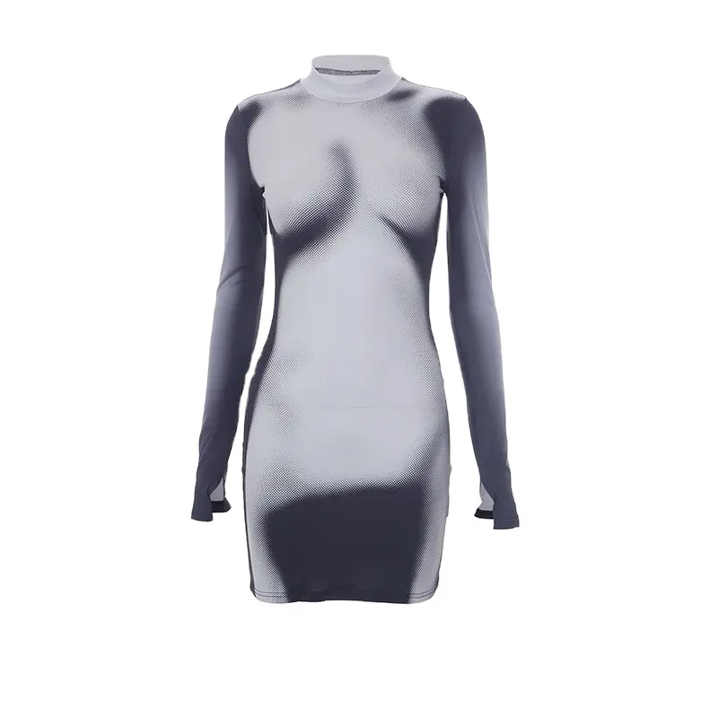 2024 alta qualità da donna estate nuova moda Casual Body stampa manica lunga Slim girocollo abito corto