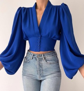 Chemise à manches lanternes décontractée pour femmes grandes tailles, chemisiers et chemises pour femmes, bouton, col en V, Blusa - Product Image 4