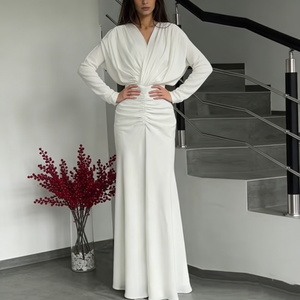 <span class=keywords><strong>Robe</strong></span> <span class=keywords><strong>de</strong></span> soirée/mariage sur mesure en satin blanc, col en V profond, manches longues, taille froncée, traîne sirène - Product Image 2