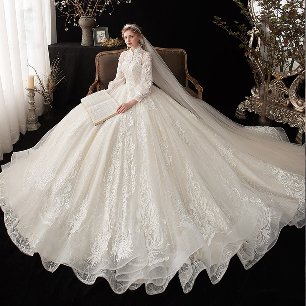 knee length dresses for ladies Elegant High Neck A-line Satin Boho Wedding Dress with Long Sleeves fo –  formalgowns main image 0