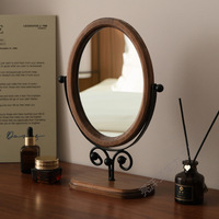 Vintage Solid Wood Foldable Round Standing Magnifying Personalized Makeup Vanity Mirror with Rotatable Desktop Design