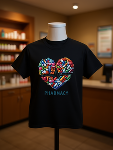 T-shirt da donna a tema farmacia con motivo a capsula a cuore, girocollo, manica corta, casual, per tutte le stagioni, 100% cotone jersey stampato - Product Image 2