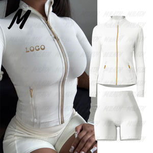 Completo da <span class=keywords><strong>Donna</strong></span> di Alta Qualità per Allenamento in Palestra, Tuta Sportiva con Giacca a Maniche Lunghe con Zip e <span class=keywords><strong>Pantaloncini</strong></span>, Set Due Pezzi - Product Image 1