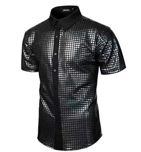 Chemise <span class=keywords><strong>polo</strong></span> à manches courtes pour homme, style hipster, or métallisé, boutonnée, costume <span class=keywords><strong>disco</strong></span> des années 70, haut pour fête d'Halloween - Product Image 3