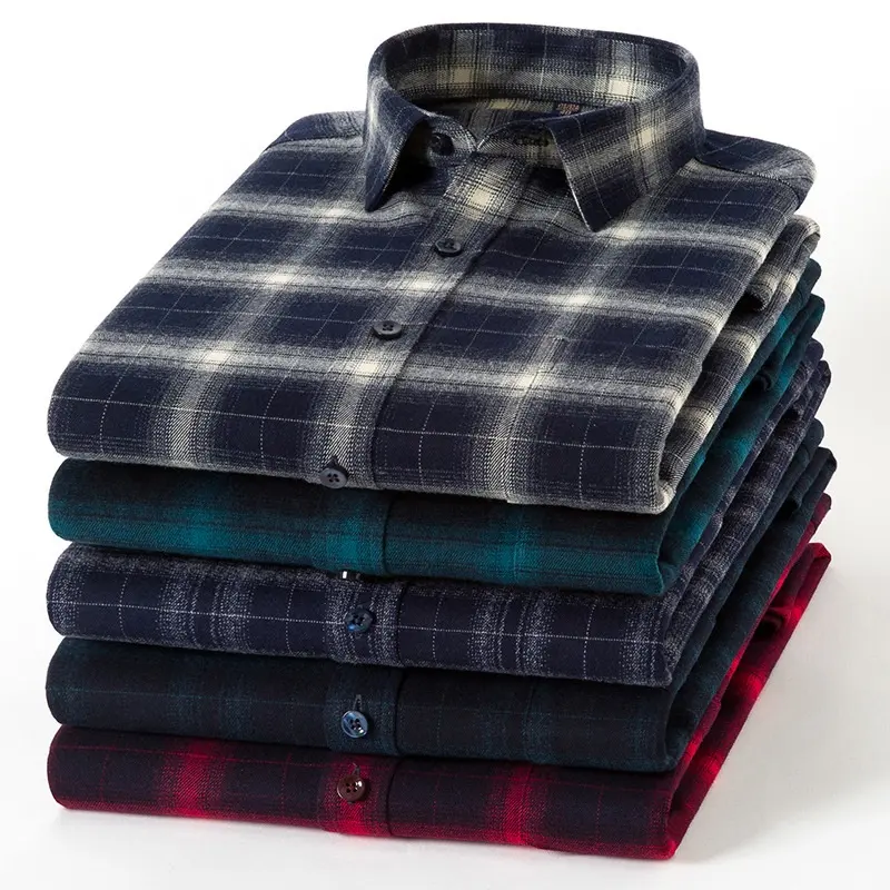 Casual Full Long Sleeve Shirts Flannel Plus Size Men's Shirts Collar Plaid Turn-down Pattern Wholesale Custom Cotton Woven