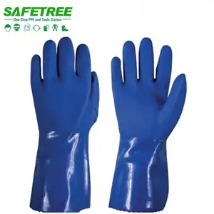 蓝色PVC双蘸开放袖口耐化学品手套