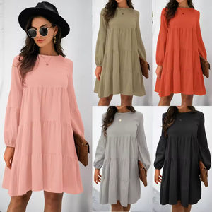 Nouvelle robe ample en coton et lin de couleur unie, col rond, manches lanternes, coupe ample, pour l'automne et l'hiver - Product Image 6