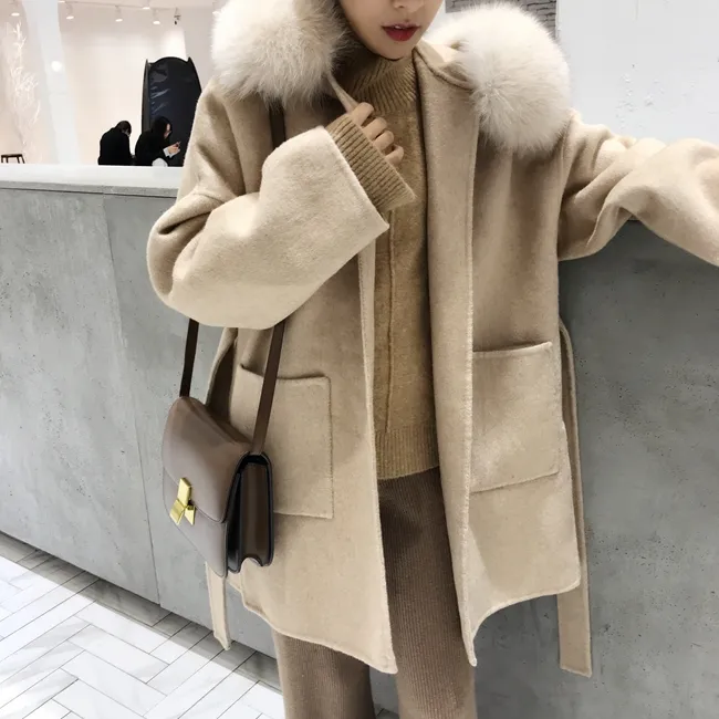 Fashion Cashmere Fur Coat Winter Women Real Wool Fox Fur Collar Coat with Hood