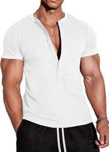 Camisetas de manga corta con cuello Henley y gofres para <span class=keywords><strong>hombre</strong></span> con logotipo bordado personalizado, camiseta elegante <span class=keywords><strong>informal</strong></span> con tapeta de 5 botones, camiseta ajustada - Product Image 2