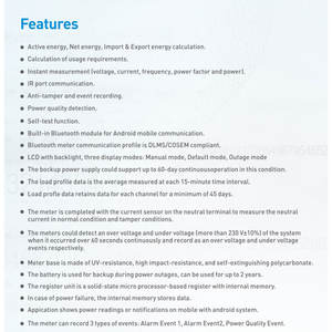 Medidor de Energía Electrónico Bluetooth Monofásico de 2 Hilos, Precisión Clase 1, IP54, 230V, 5(100)A, Anti-Manipulación, para Android - Product Image 4