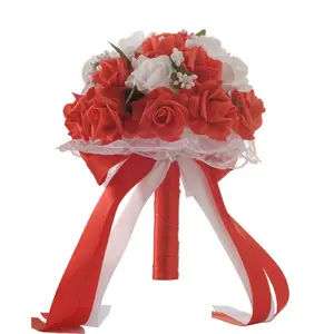 Decorative Roses Bridal Hand Bouquet Artificial Flowers With Ribbon For Wedding