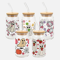 Gobelet en verre personnalisé avec logo, 400 ml, pour Halloween, avec couvercle en bambou et paille, pour café, lait, cola