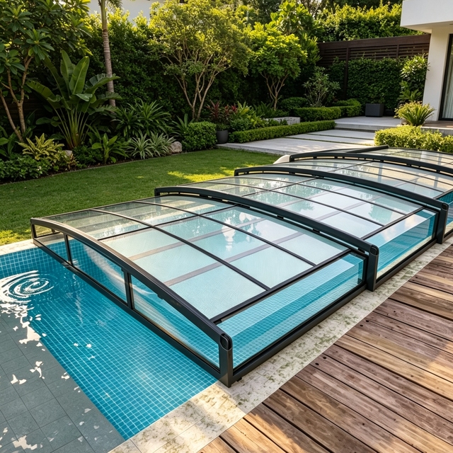 Trackless Compact Pool Enclosure Fast Assembly Retractable Swimming Pool Cover Snow Wind Resistant Polycarbonate Pool Cage