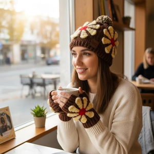 Ensemble bonnet et gants sans doigts en crochet à fleurs, marron, avec pompon, tricoté à la main, pour l'automne et l'hiver - Product Image 6