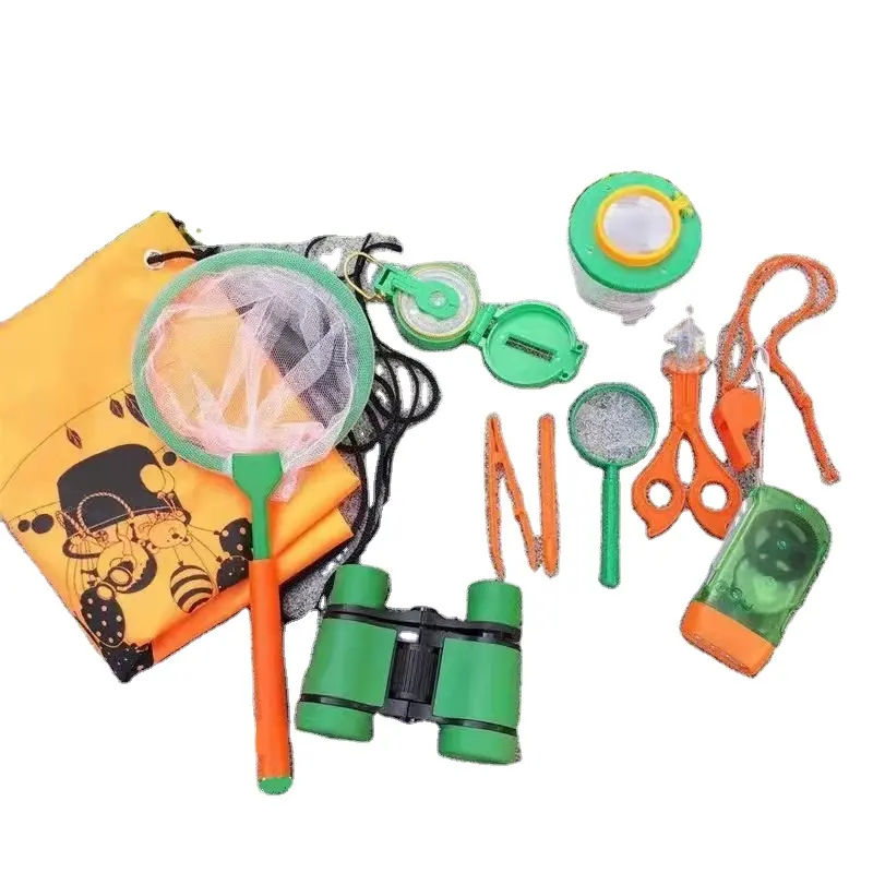 19 pcs Kids Camping Survival Outdoor Exploration Kit Adventurer Gift Set with Binoculars Flashlight Insect Catching Magnifier