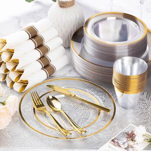 Service de vaisselle en plastique jetable en or élégant de 175 pièces en gros Assiettes de mariage élégantes en or Assiettes à dîner pour les fêtes gratuites - Product Image 3