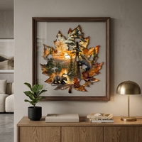 Puzzle en bois en forme de feuille d'érable, scène automnale coucher de soleil pin lac, découpé au laser en tilleul finition satinée, boîte cadeau, directement de l'usine OEM