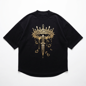 Camiseta de algodón de 300 g/m² de alto gramaje OEM ODM al por mayor, oversize, teñida con pigmentos, con lámina dorada y pedrería para estilo gótico - Product Image 1
