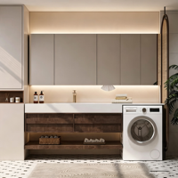 Meuble-lavabo intégré sur mesure pour salle de bain et balcon avec espace pour machine à laver, vasque en pierre frittée courbée à chaud