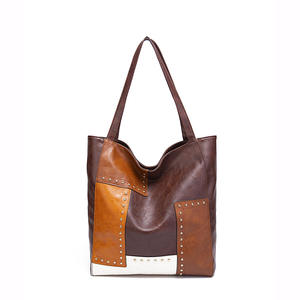 Vintage tachonado Colorblock Tote Bolso de hombro de gran capacidad para mujer - Product Image 3