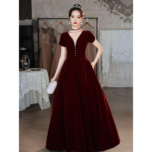 Red Velvet A-Line Wedding Dress V-Neck Natural Waist Claret Color Vintage Style for Brides Engagement Banquet Mother's Day - Product Image 1