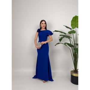 Elegante Vestido de Noche Largo Amarillo con Hombro Descubierto, Volantes, Diseño de Rosa, Cintura Natural y Cuello Redondo para Boda - Product Image 5