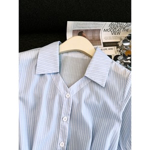 2026 Sommer Neu Großhandel Damen Blau-Weiß Gestreiftes Kurzarm-Hemd mit Spitzkragen, Taillengürtel und Schleife, Elegante Peplum-Bluse - Product Image 4