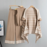 Ensemble 3 Pièces Femme 2026 : Haut Sans Manches Rayé, Cape et Pantalon Large – Tenue Décontractée Trois Pièces pour Femme